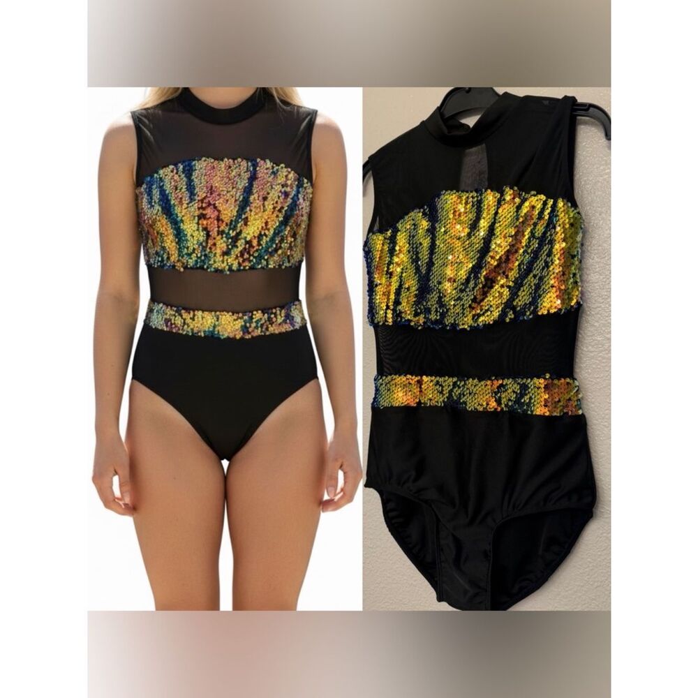 Glamour solo dance costume sequin mesh black gold SA-Small adult NEW
